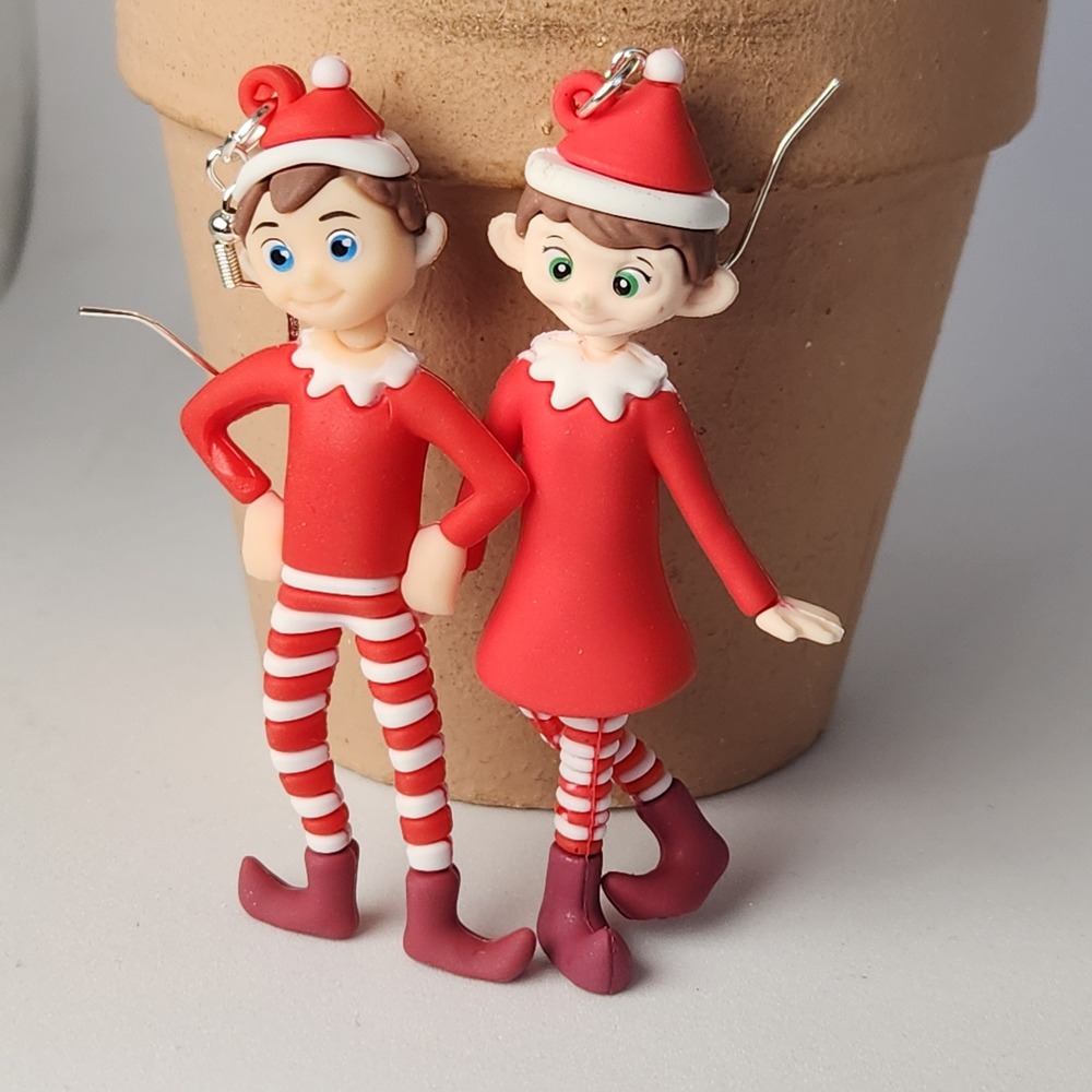 Christmas Elf Dangle Earrings Red White Striped Holiday Novelty Jewelry Pair 3"